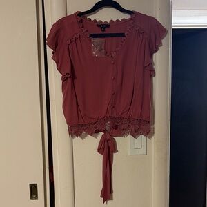 Xhilaration Lace Trim Tie-Front Blouse - Dusty Rose